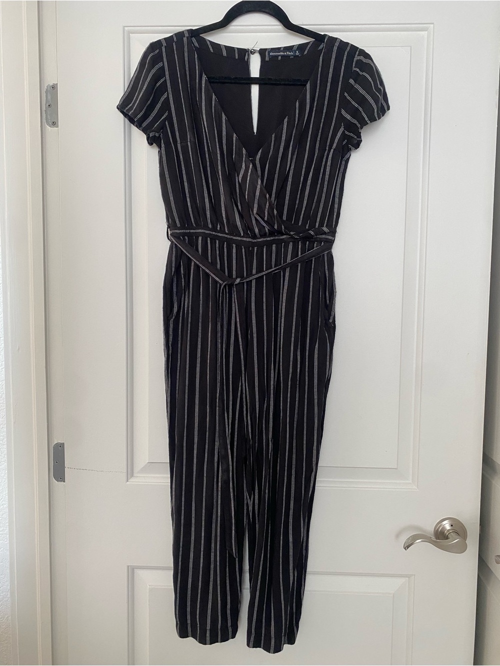 Abercrombie & Fitch Black and White Striped Wrap Jumpsuit